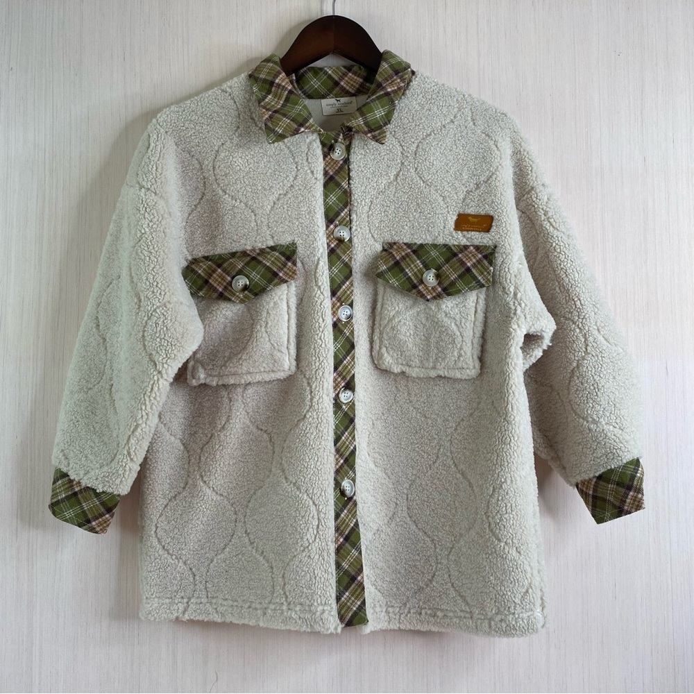 Simply Southern Youth Quilted Sherpa Jacket with Green Plaid Trim Youth Large